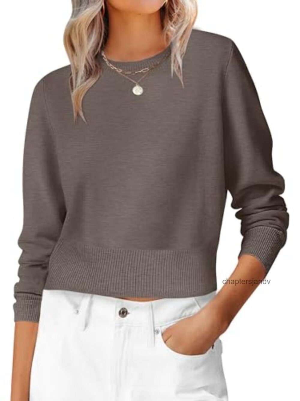 Women's Long Sleeve Cropped Crew Neck Ribbed Knit Sweater Pullover